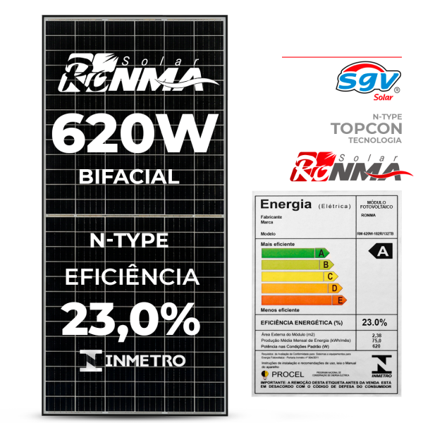 Painel Solar 620W N-Type TOPCon Ronma Bifacial