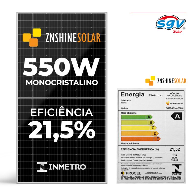 Painel Solar Monocristalino 550W Fotovoltaico 144 Células Zshine