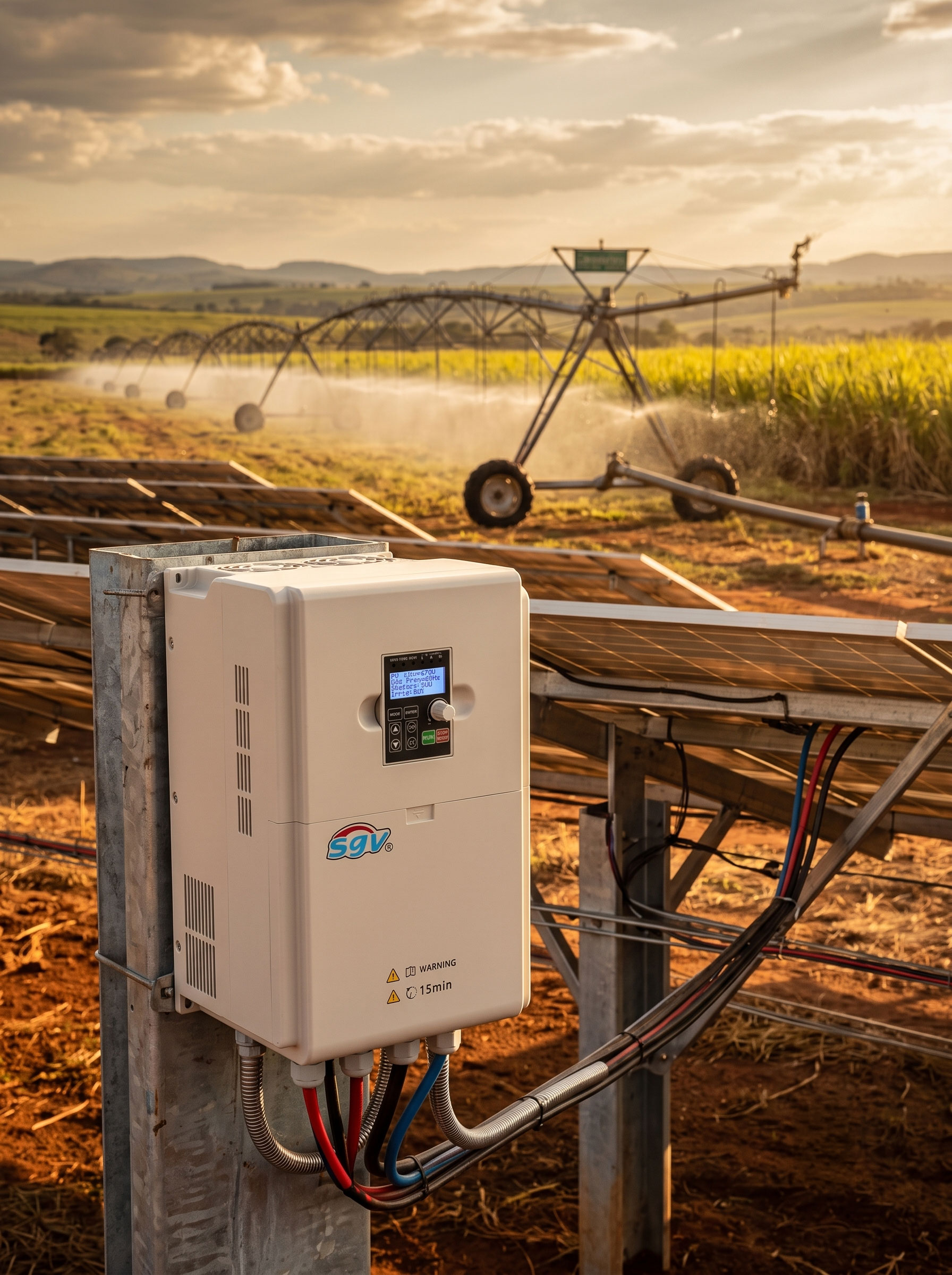 Inversor Solar SGV 7,5 CV instalado em muro de propriedade rural ao entardecer