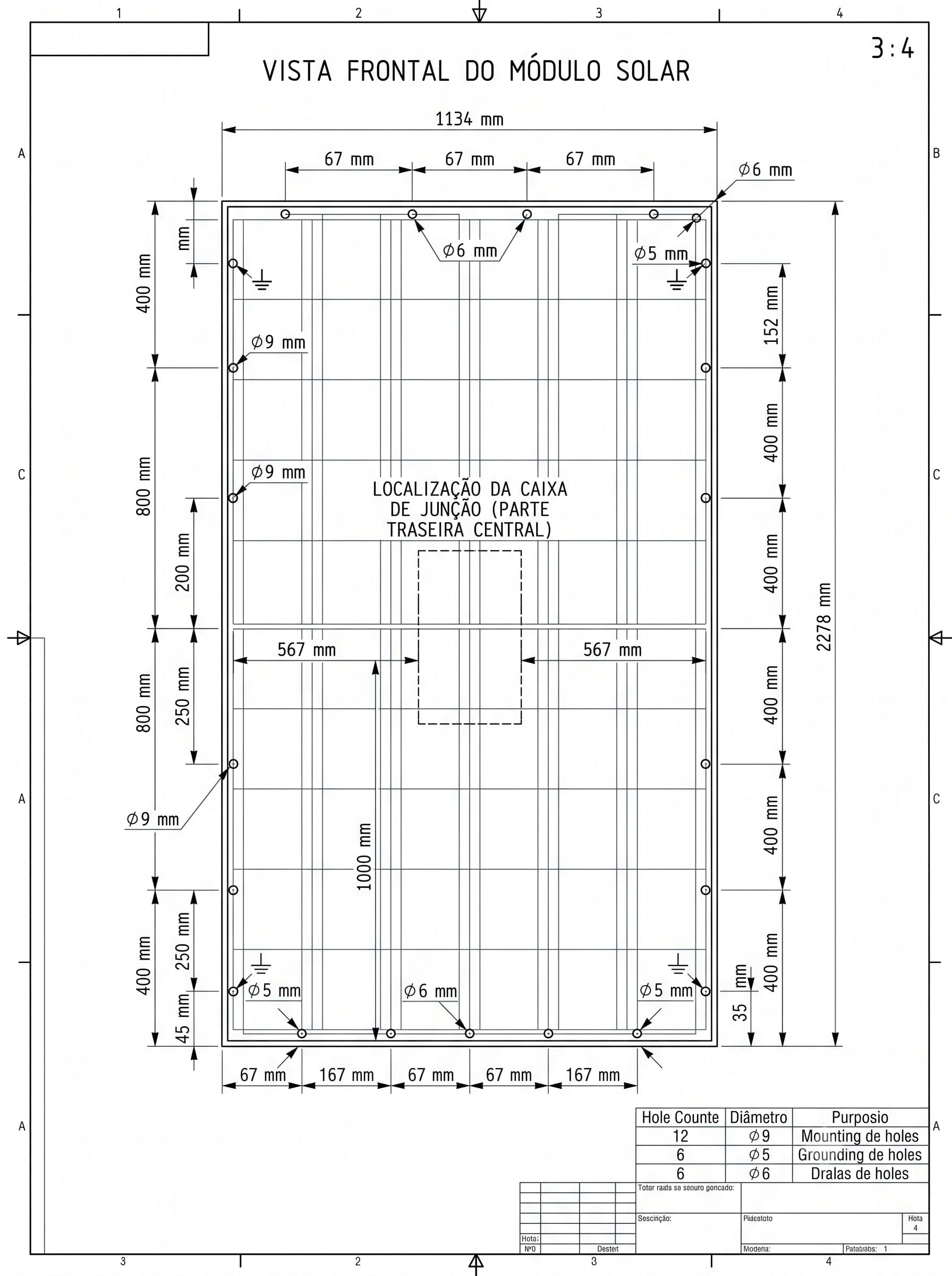 Desenho técnico com as dimensões e furos de instalação do módulo Ronma SkyMax 590W