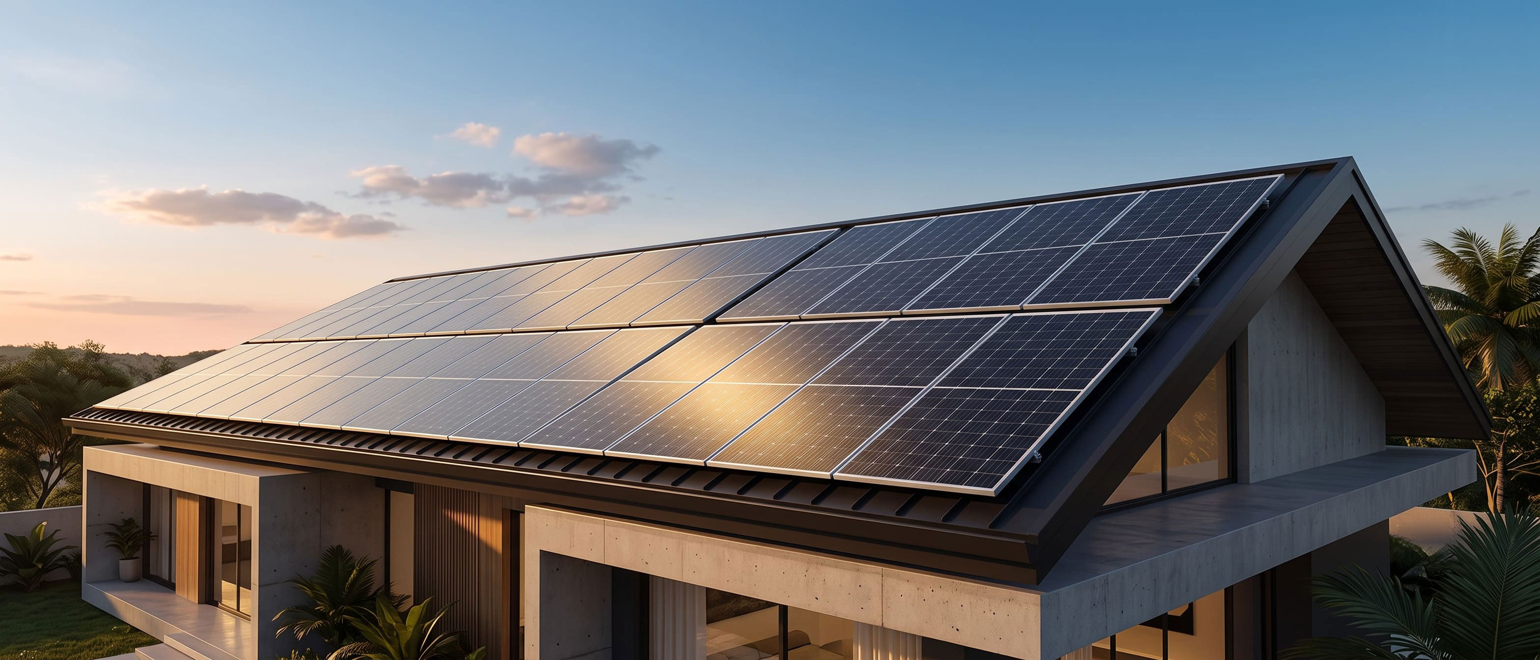 Módulos solares Ronma SkyMax 590W instalados em telhado residencial ao entardecer