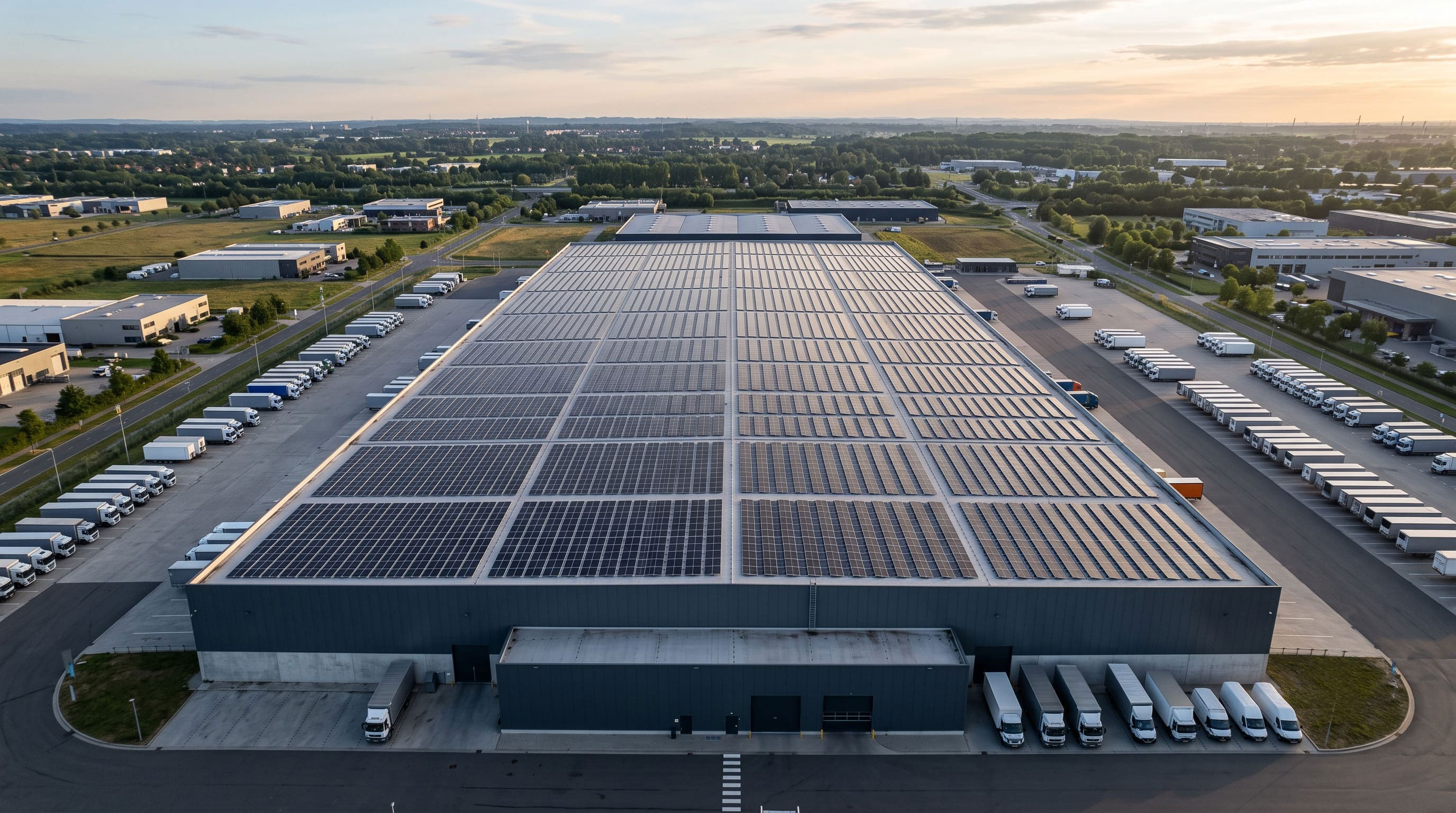 Vista aérea de cobertura solar comercial com módulos Ronma SkyMax