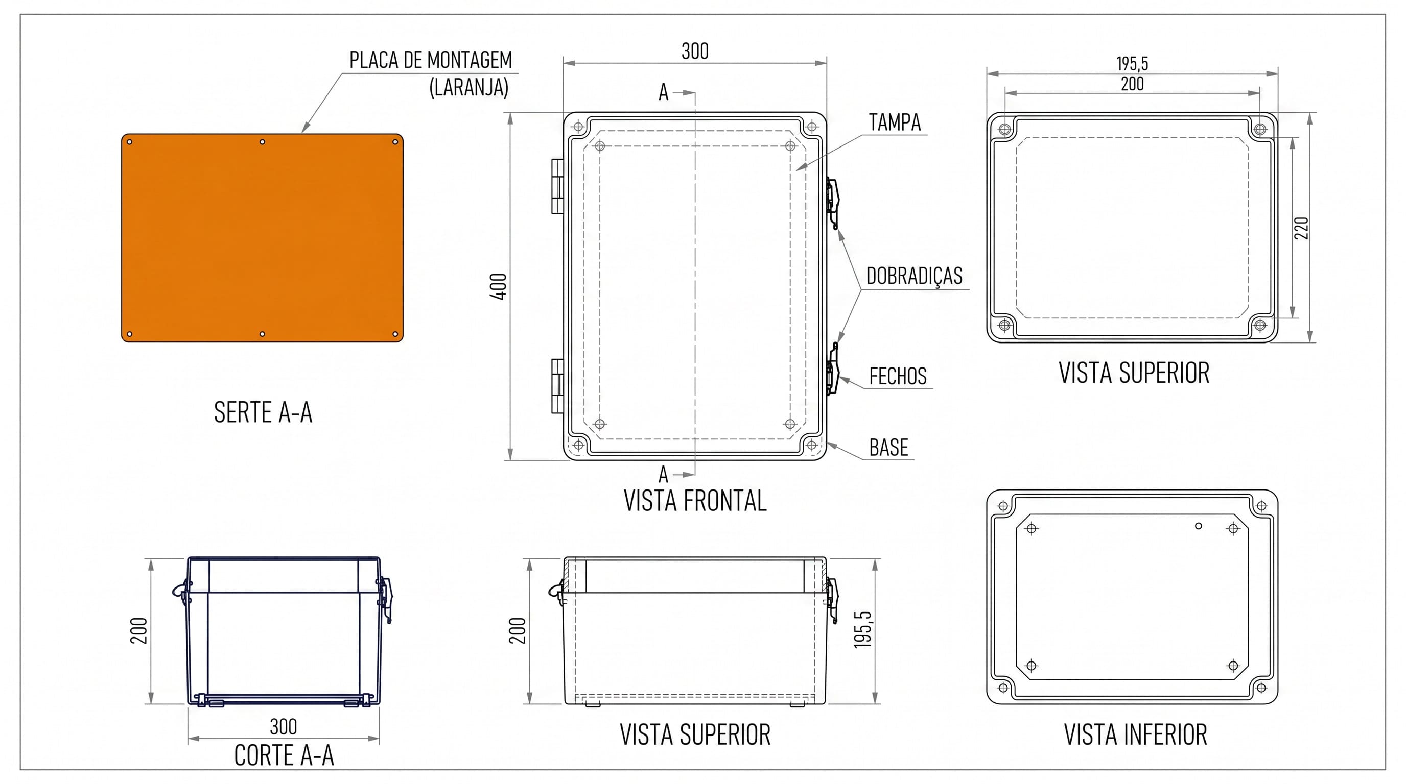 Desenho técnico das dimensões e entradas do Quadro de Bombeamento