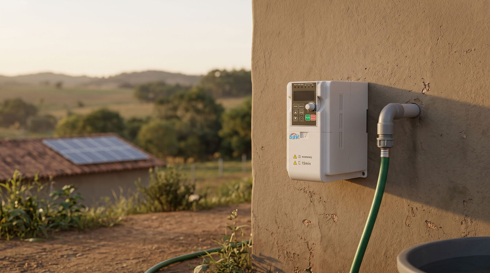 Inversor Solar SGV 7,5 CV trifásico instalado em propriedade rural com pivô de irrigação e painéis solares ao fundo